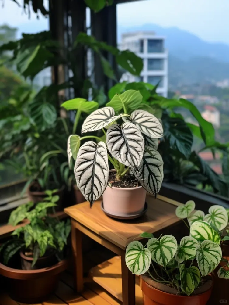 Alocasia Silver Dragon growing indoors near a bright window among other houseplants